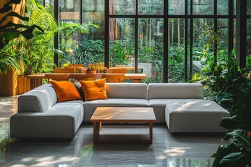 Fototapeta premium Serene Interior with Sofa, Wood Table and Chairs, Plants, and Forest View Window