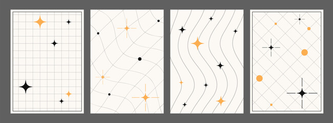 Retro vertical posters, set of techno backgrounds and paper covers in y2k aesthetics. 2000s covers, backdrops and pages with geometric and distorted grids and blinks. Vector design elements.