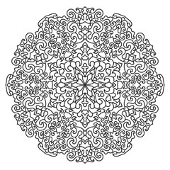 Intricate black and white Islamic mandala pattern with symmetrical geometric design. Ideal for coloring books, spiritual decor, and traditional artwork.

