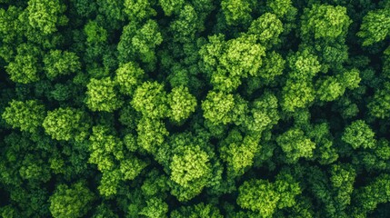 Naklejka premium Aerial view of densely packed treetops creating a vibrant green canopy texture