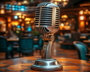 Vintage microphone on table in dimly lit venue
