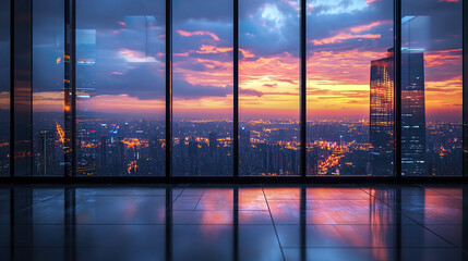 Office interior overlooking illuminated skyline at sunset, creating serene atmosphere