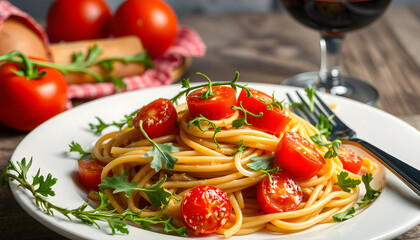 traditional italian pasta with tomatoes and arugula in plate and glass of red wine, pop-art. with white shades