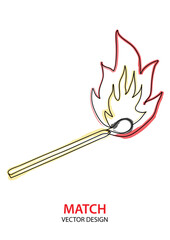 Vector line simple logo illustration, burning match in outline style, flaming safety match, print, sticker and poster design. Colour continuous line vector illustration isolated on white background.