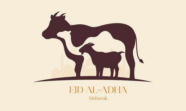 Islamic Eid Al Adha Celebration Flat Background with Sacrificial Animals Silhouette.