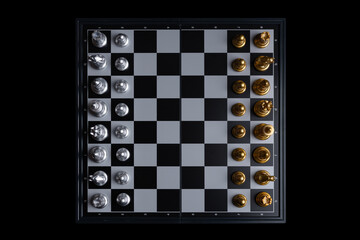 top view chessboard with chess pieces ready for the game on dark background