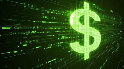 Neon Green Glowing Dollar Sign On Abstract Technology Background Representing Finance and Wealth