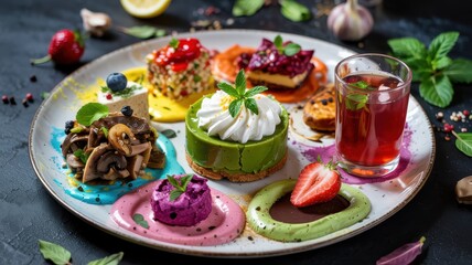 Artistic dessert plate with colorful mousse, cheesecake, salad and drinks