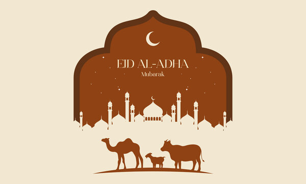 Islamic Eid Al Adha Celebration Flat Background with Sacrificial Animals Silhouette.