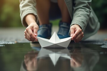 Paper boat floating on puddle with reflection