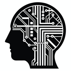 Silhouette Head Profile with Circuit Board Design, Artificial Brain Concept, Black & White