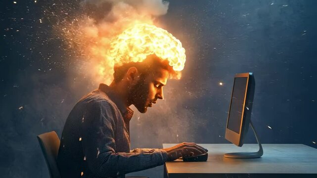 Professional businessman experiencing intense mental burnout, sitting at dark office desk with computer, visualizing brain burning from overwhelming work pressure and stress