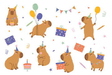 Festive vector set in hand-drawn style with cute capybaras, balloons, cake, gifts and party decor. Perfect for birthday cards, invitations, kids designs and holiday illustrations.