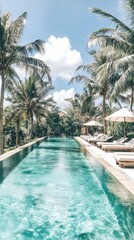 Fototapeta premium Serene tropical retreat with pristine pool palm trees chaise lounges under soft daylight