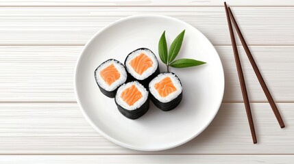 Fresh Sushi Rolls on Plate with Chopsticks and Green Leaf Decoration