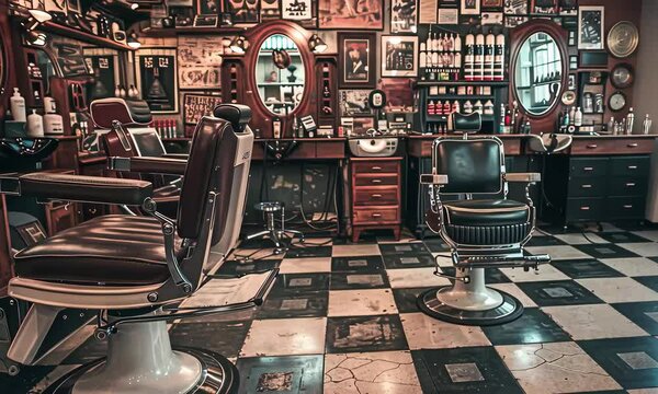 The interior of a classic barbershop features two vintage barber chairs surrounded by wooden shelves filled with grooming products and nostalgic decor on the walls.