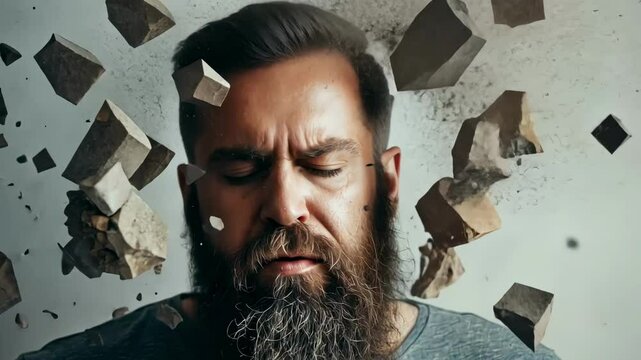 Pieces of rock and dust exploding from a man's head, symbolizing mental health issues, stress, anxiety, and depression, against a gray background