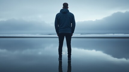 A solitary figure contemplates the tranquil, reflective expanse of a misty landscape.