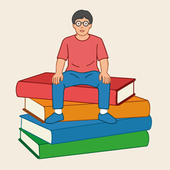 Young Man Sitting on a Stack of Colorful Books – Flat Vector Illustration
