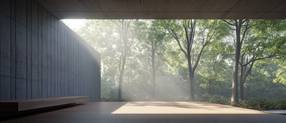 Tranquil indoor space blending concrete architecture with natural forest scenery showcasing harmonious contrast and serene light ambiance