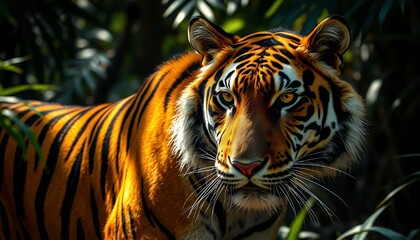 Detailed Portrait of a Majestic Tiger Amidst Dense Green Jungle Foliage Displaying Striking Orange and Black Stripes with Intense Gaze in Warm Natural Lighting