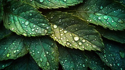 Obraz premium Macro shot of fresh emerald mint leaves with dewy textures