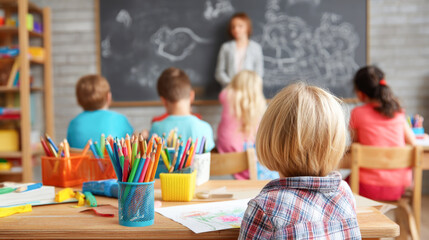 Classroom learning with teacher and diverse children engaged in creative activities