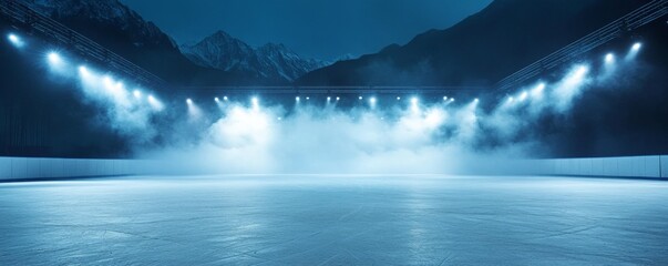 Ice rink arena at night under spotlights
