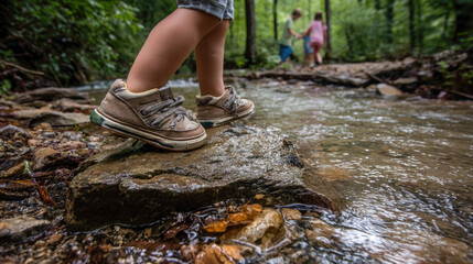 Child exploring forest stream with siblings in background