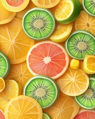 Vibrant assortment of colorful fruit slices. 3D soft pop