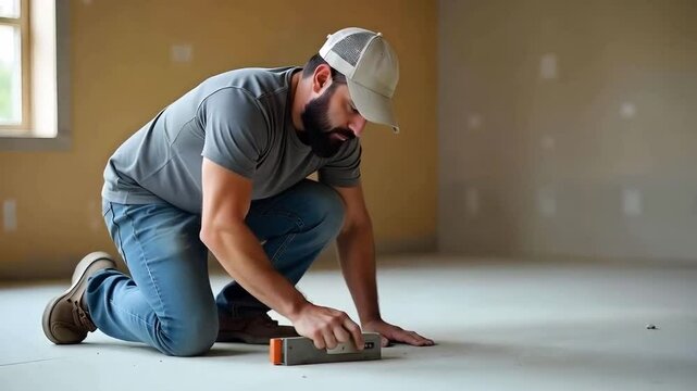Construction of floor, man levelling concrete on the floor in home renovation