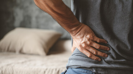 Caucasian male experiencing lower back pain, hand on hip in bedroom setting