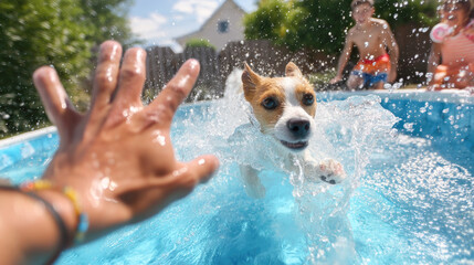 Dog splashing in pool with kids on sunny day