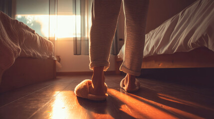 Cozy morning scene with female in pajamas and slippers walking on sunlit wooden floor