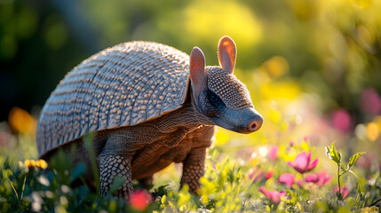 curious armadillo strolls through sunlit blooms