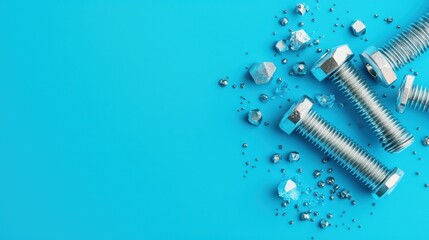 Close-Up View of Steel Bolts and Nuts on Vibrant Blue Surface