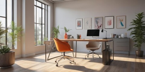 Fototapeta premium Sunlit office with colorful accents and sleek furniture , aesthetic, plants