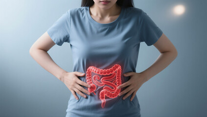 Young Woman with Hands on Her Stomach Highlighting Digestive Tract Health Concerns