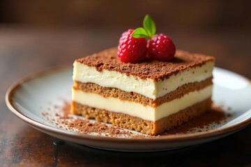 Individual tiramisu portion, rich and decadent, white background, overhead, coffee flavor