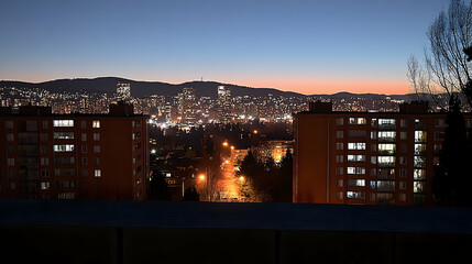 Twilight Cityscape: Illuminated Apartments Framing Distant Skyli