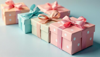 Pastel colored gift boxes with polka dots, simple bows, pattern, texture, box