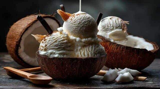 Creamy vanilla ice cream scoops served in coconut shells with topping on rustic wood surface in moody dark food style, summer dessert snack