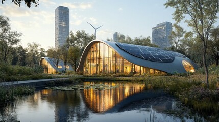Obraz premium Located in a vibrant urban area, this center showcases innovative design with solar panels and wind turbines