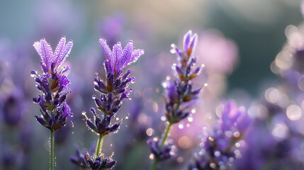 Fototapeta premium Lavender Flowers Covered in Morning Dew with Soft Bokeh Background, Macro Shot of Aromatic Blossoms in Purple Hue