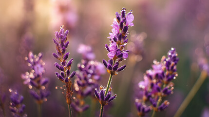 Obraz premium Lavender Flowers Covered in Morning Dew with Soft Bokeh Background, Macro Shot of Aromatic Blossoms in Purple Hue