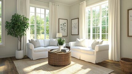 Fototapeta premium Simple living room with pastel walls and white split AC unit placed above central seating