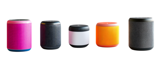 Set of Portable Bluetooth Speakers in Five Different Poses Against Transparent Background for Tech Branding, Electronics Stores, or Lifestyle Promotions
