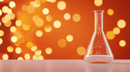 Glass flask filled with liquid on bright orange bokeh background