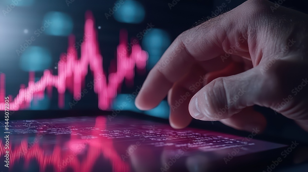 Poster hand on tablet displaying graph with data analysis background