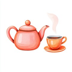 Pink Teapot with Cup and Steam Illustration for Cozy Atmosphere